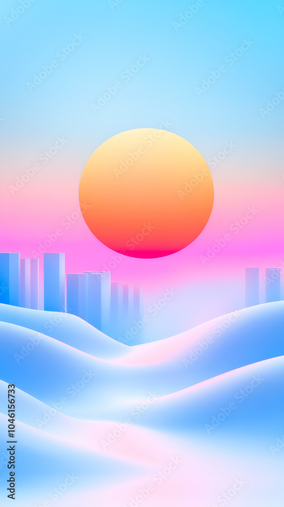 Depicts a city at sunrise, with the sun illuminating the silhouettes of tall buildings and the sky Depicts a city at sunrise, with the sun illuminating the silhouettes of tall buildings and the sky