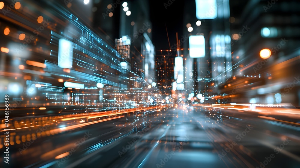 Obraz premium Vibrant blurred cityscape with towering skyscrapers and high speed traffic at night creating a dynamic and futuristic urban landscape