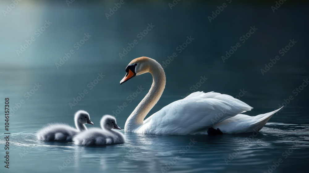 Fototapeta premium a swan swimming with two cygnets in tranquil blue water