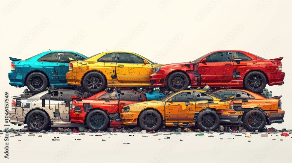 Five wrecked cars stacked on top of each other with debris scattered on the ground against a white background. Five wrecked cars stacked on top of each other with debris scattered on the ground against a white background.