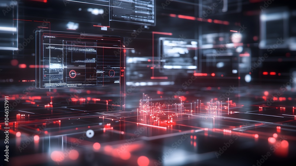 Fototapeta premium Futuristic digital technology abstract circuit hud interface with dynamic neon glowing lines data and code visualization Cyber digital design concept of innovation science and technology