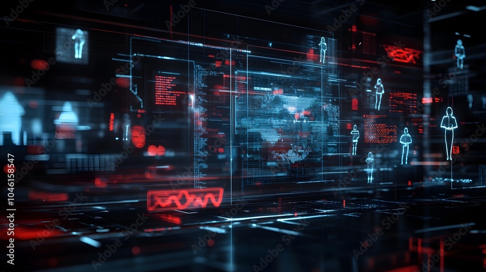 Obraz premium Futuristic holographic data visualization interface displaying digital information and analytics in a cyberpunk inspired virtual environment with glowing neon lights wireframes