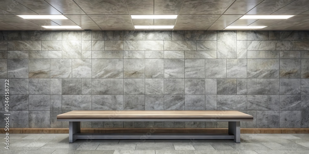 A wooden bench with a metal frame sits in front of a tiled wall, illuminated by overhead lights. A wooden bench with a metal frame sits in front of a tiled wall, illuminated by overhead lights.