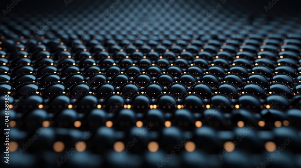 Fototapeta premium Close-up of black spheres with glowing elements on a dark surface, creating a high-tech, abstract scene.