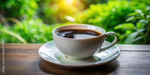 A steaming cup of coffee on a wooden table with a blurry green background. The light shines through the window, highlighting the warmth of the coffee.