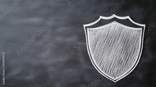 Shield emblem drawn with chalk on a blackboard, symbolizing protection and security, ideal for design and educational purposes.