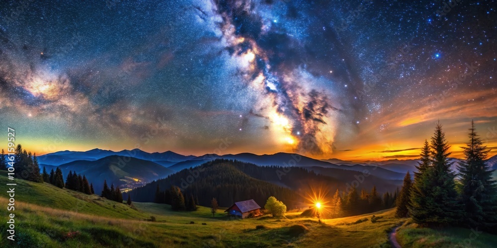 A lone cabin nestled in a valley, bathed in the golden glow of a setting sun, with the Milky Way stretching across the night sky above A lone cabin nestled in a valley, bathed in the golden glow of a setting sun, with the Milky Way stretching across the night sky above
