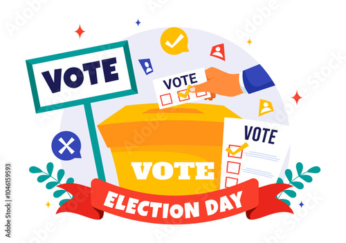 Election Day Political Vector Illustration featuring Voters Casting Ballots at a Polling Station with Global Representation in a Flat Background