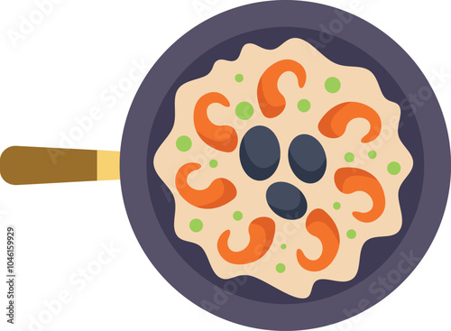 Frying pan containing delicious paella with shrimps and olives, a traditional spanish dish