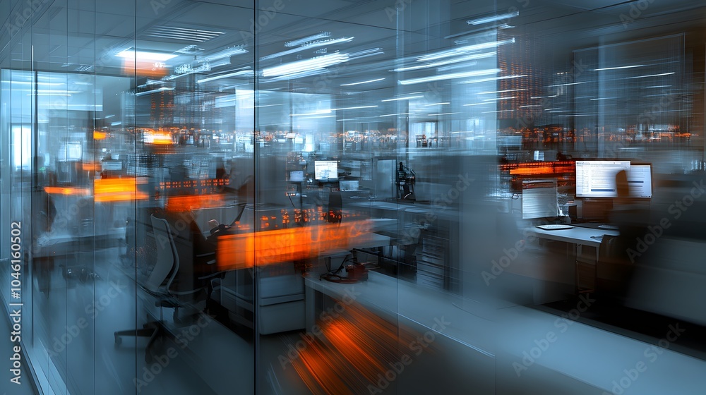 custom made wallpaper toronto digitalBlurred motion of a futuristic corporate office workspace with modern minimalist glass and metal interior design desks computers and other business equipment in a dynamic illuminated environment