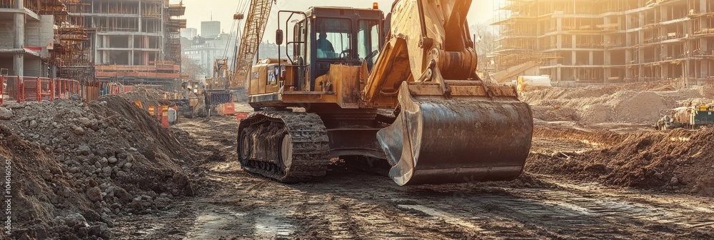 Fototapeta premium Heavy construction equipment working at a large building site