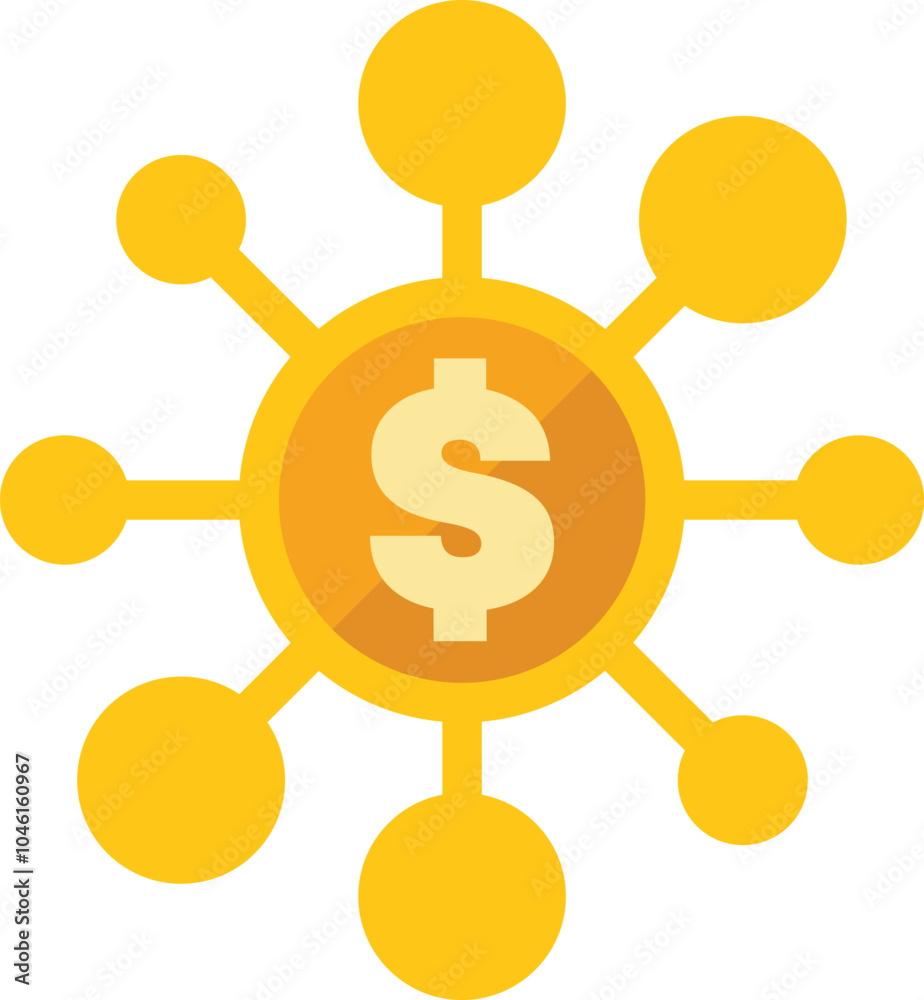 Yellow network icon with a dollar sign in the center, representing a concept related to finance and connection Yellow network icon with a dollar sign in the center, representing a concept related to finance and connection