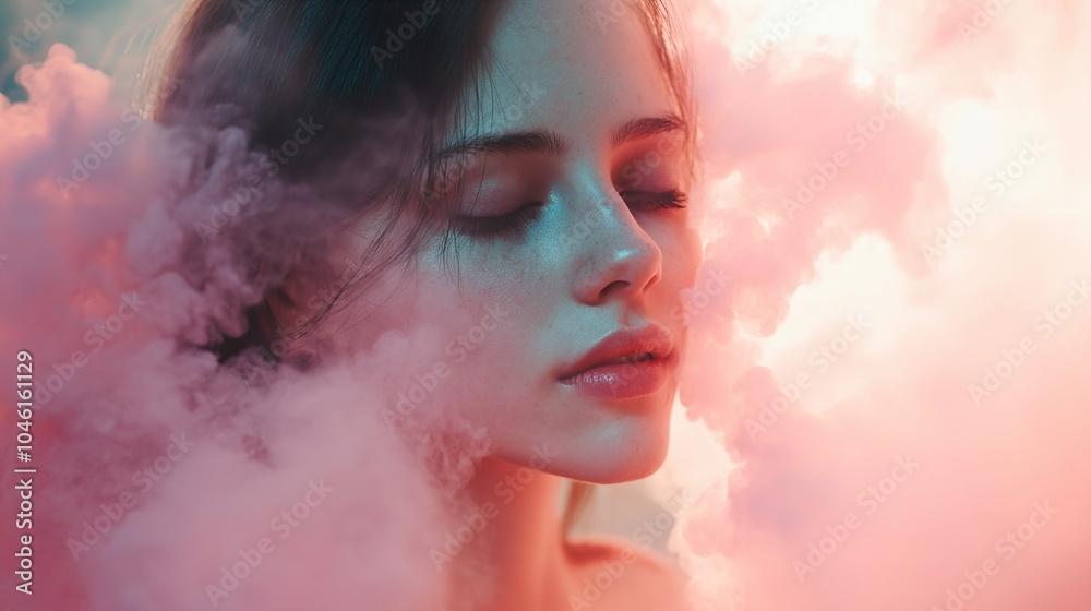 Dreamy Portrait of a Woman in Pink Smoke Dreamy Portrait of a Woman in Pink Smoke