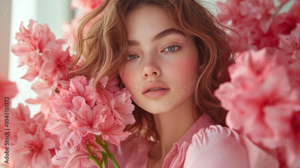 Young woman holding pink flowers in a floral portrait Young woman holding pink flowers in a floral portrait