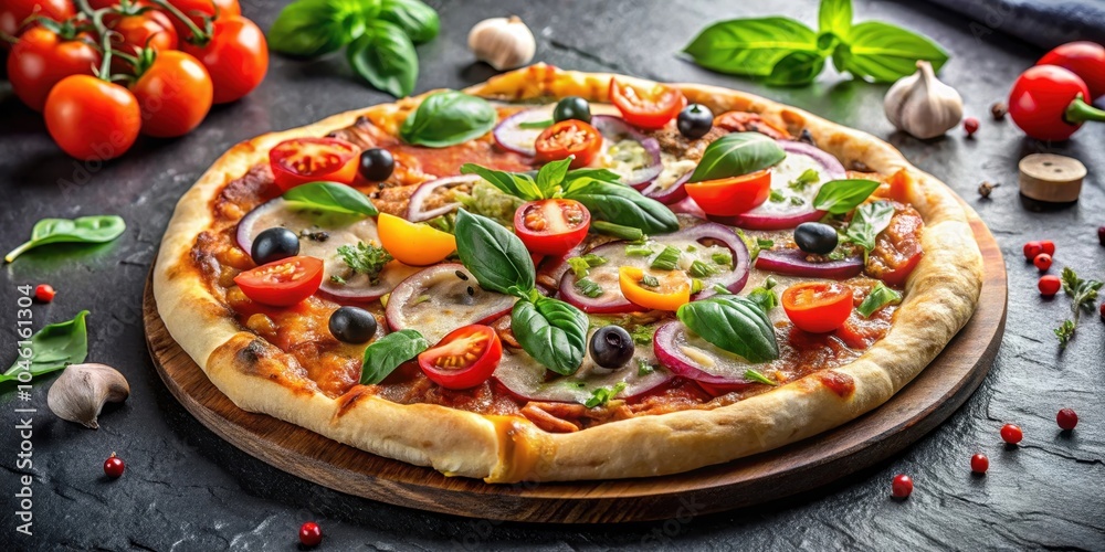 Close-up of a freshly baked pizza with red onion, cherry tomatoes, basil, and black olives on a rustic wooden board Close-up of a freshly baked pizza with red onion, cherry tomatoes, basil, and black olives on a rustic wooden board