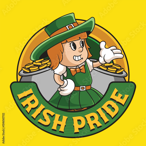 Saint Patrick Day Girl with gold coins pot Retro Cartoon Mascot Character Groovy Vintage Style for poster, flyer, brochure, invitation, greeting card, banner, web, sticker