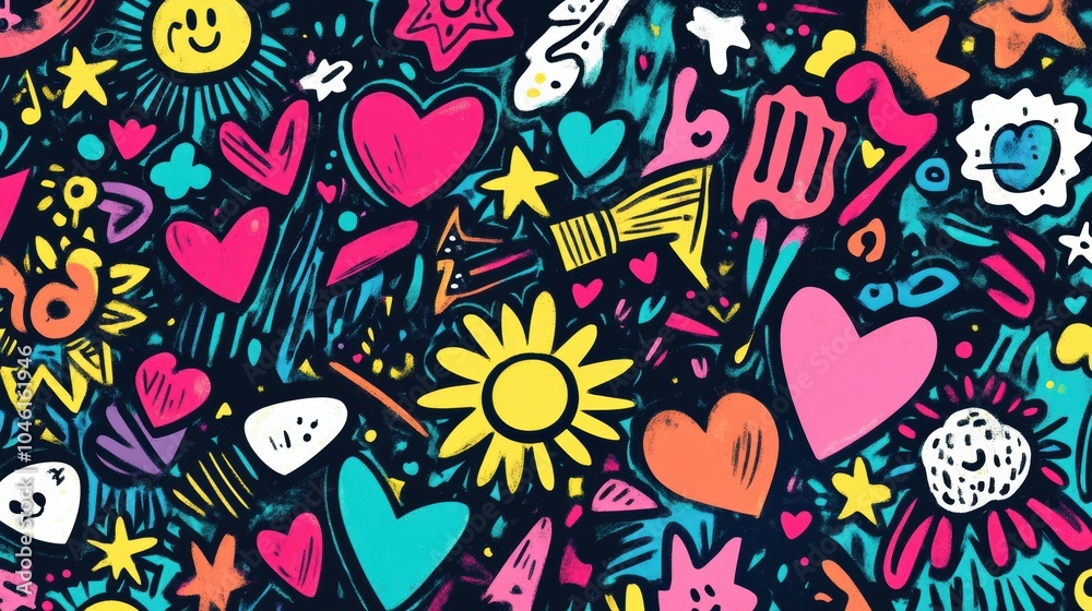 A lively assortment of doodles with bright icons like hearts, stars, and flowers creates a joyful and vibrant design full of creativity. Generative AI A lively assortment of doodles with bright icons like hearts, stars, and flowers creates a joyful and vibrant design full of creativity. Generative AI