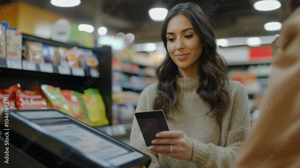 In-store mobile payment transaction, highlighting the convenience of cashless checkout In-store mobile payment transaction, highlighting the convenience of cashless checkout