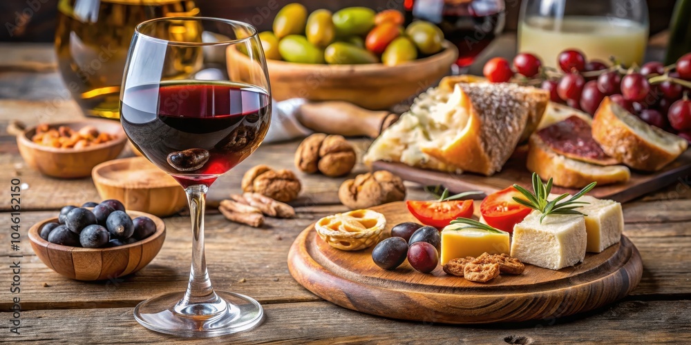 A Glass of Red Wine with a Selection of Appetizers and Snacks on a Wooden Table A Glass of Red Wine with a Selection of Appetizers and Snacks on a Wooden Table