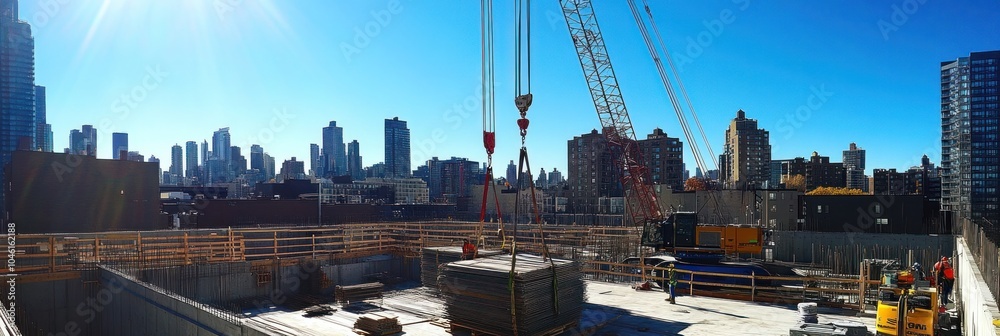 Fototapeta premium Industrial crane operating at a city construction site, lifting materials for a building project