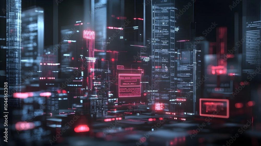 Fototapeta premium Breathtaking futuristic cityscape with glowing skyscrapers intricate architecture and a vibrant neon lit urban landscape at night This dynamic high tech scene captures the essence of a thriving