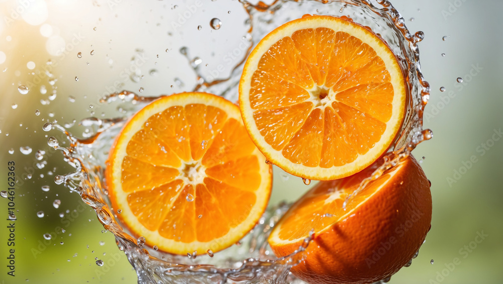 Fresh orange slices splash in water, creating a vibrant and juicy scene, representing the zesty energy and refreshing taste of citrus in every drop. Fresh orange slices splash in water, creating a vibrant and juicy scene, representing the zesty energy and refreshing taste of citrus in every drop.