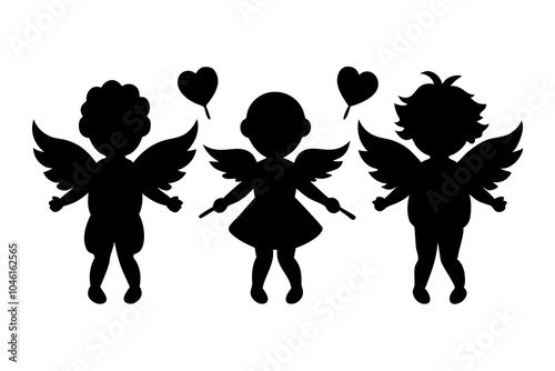 Three cute little cupid silhouettes. Valentine's Day symbol. Love icon.