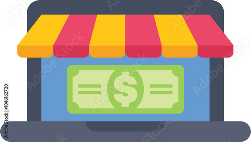 Laptop is showing a digital storefront and a dollar bill, representing the concept of online shopping