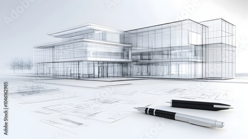 Futuristic architectural blueprint design of modern glass and metal skyscraper office building with minimalist grid pattern and 3D perspective rendering