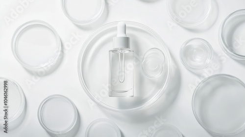 White background, glass petri dishes and circular plates with a skin care essence bottle in the middle