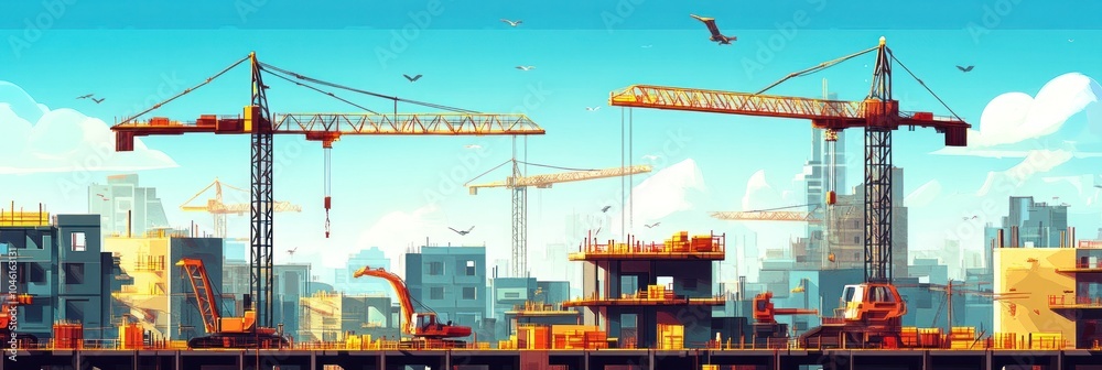 Naklejka premium Urban construction development with cranes and machinery working together