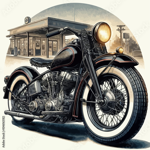 Car gas station in retro style. Classic motorcycle with gas station. Vector illustration.