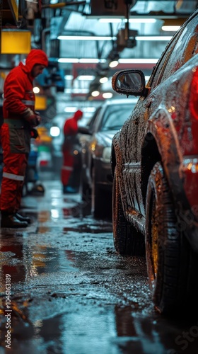 car maintenance being performed in a bustling car repair shop illustrating teamwork and technical expertise with mechanics focused on their tasks in a dynamic automotive environment