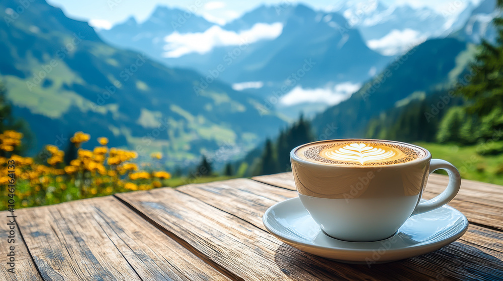 Coffee cup in coffee shop,art of coffee,Mountain View background Coffee cup in coffee shop,art of coffee,Mountain View background