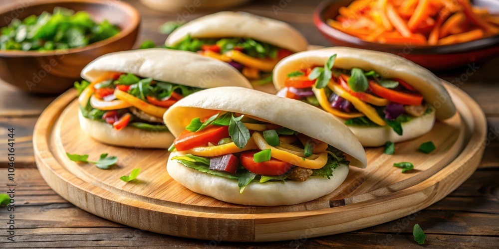 Delicious Veggie Buns with a Variety of Fresh Vegetables and Herbs Served on a Wooden Plate Delicious Veggie Buns with a Variety of Fresh Vegetables and Herbs Served on a Wooden Plate