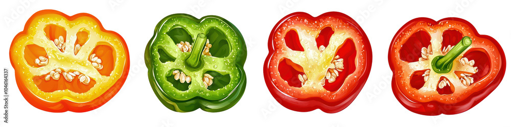 Colorful sliced bell peppers on a white isolate background, showcasing vibrant red, green, yellow, and orange varieties. transparent background Colorful sliced bell peppers on a white isolate background, showcasing vibrant red, green, yellow, and orange varieties. transparent background