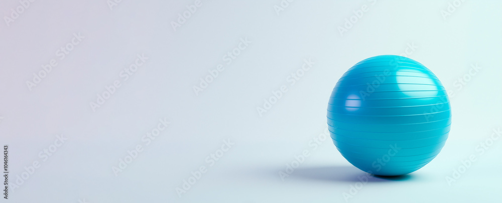 A vibrant blue exercise ball sits quietly on a sleek surface,casting a soft shadow,ideal for fitness activities and stretching,banner,copy space A vibrant blue exercise ball sits quietly on a sleek surface,casting a soft shadow,ideal for fitness activities and stretching,banner,copy space