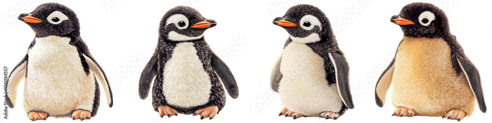 Fototapeta premium Four adorable penguins standing together, white isolate background. transparent background