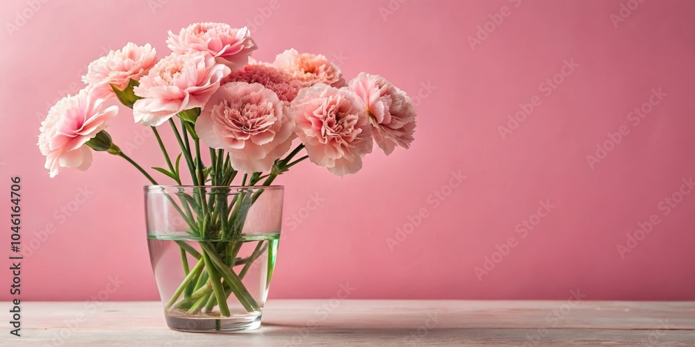 A Delicate Bouquet of Pink Carnations in a Clear Glass Vase on a White Wooden Table Against a Pink Background A Delicate Bouquet of Pink Carnations in a Clear Glass Vase on a White Wooden Table Against a Pink Background