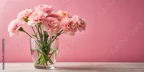 A Delicate Bouquet of Pink Carnations in a Clear Glass Vase on a White Wooden Table Against a Pink Background