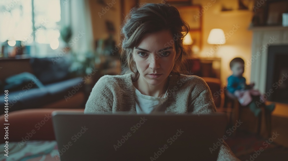 Professional photo of a woman sitting on the sofa of her home with in front of a laptop while working from home Professional photo of a woman sitting on the sofa of her home with in front of a laptop while working from home