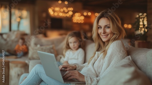 Wallpaper Mural Professional photo of a woman sitting on the sofa of her home with in front of a laptop while working from home Torontodigital.ca