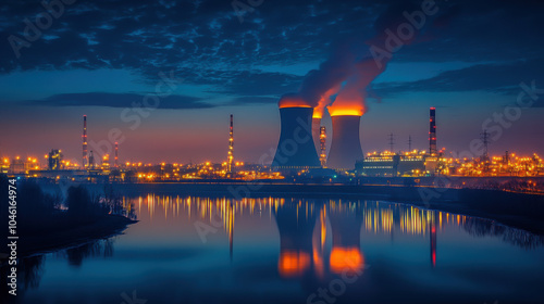 Night shot of a large nuclear power plant close to a river with blue night sky. photo