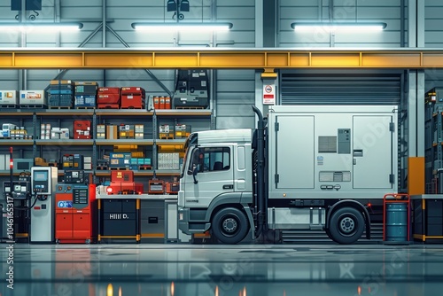 A white delivery truck parked in a warehouse with shelves of tools and equipment.