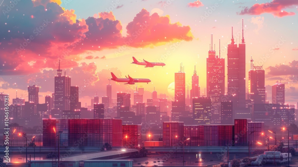 Fototapeta premium A vibrant cityscape at sunset with airplanes flying overhead, showcasing a dynamic and modern metropolis.