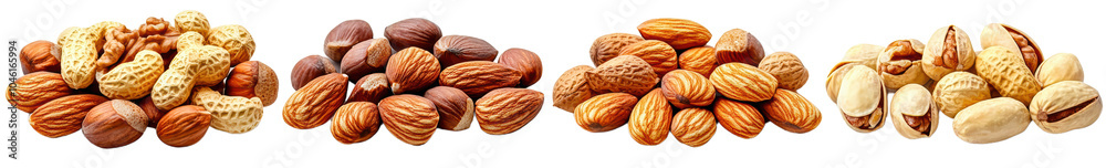 Mixed assortment of nuts, showcasing various textures and colors, white isolate background. transparent background Mixed assortment of nuts, showcasing various textures and colors, white isolate background. transparent background