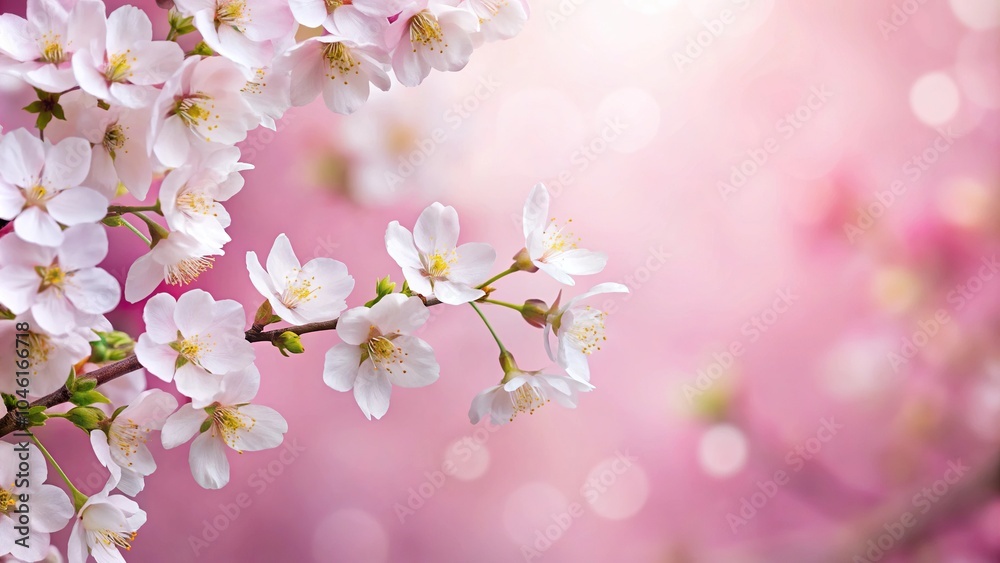 Fototapeta premium white cherry blossoms on pink background panoramic style