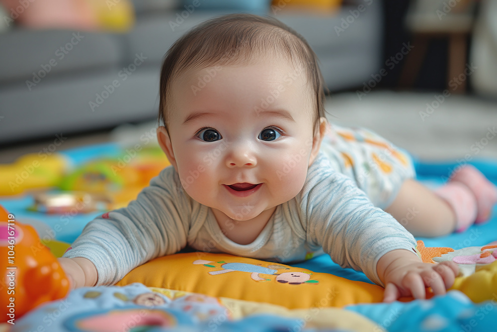 A baby lying on a colorful play mat, reaching for a toy, with a soft smile. A baby lying on a colorful play mat, reaching for a toy, with a soft smile.