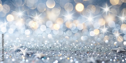 Sparkling Silver Glitter with Blurred Lights and Star-Shaped Decorations