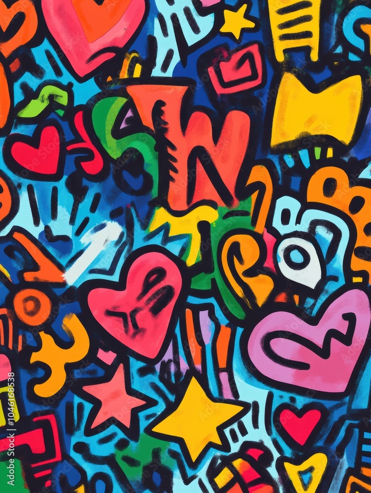 Naklejka premium This lively doodle features a mix of vibrant icons including stars, hearts, and arrows, creating an energetic atmosphere of playful creativity. Generative AI